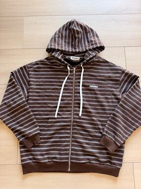 Miu Miu Brown and Light Gray Striped Zip-Up Hoodie
